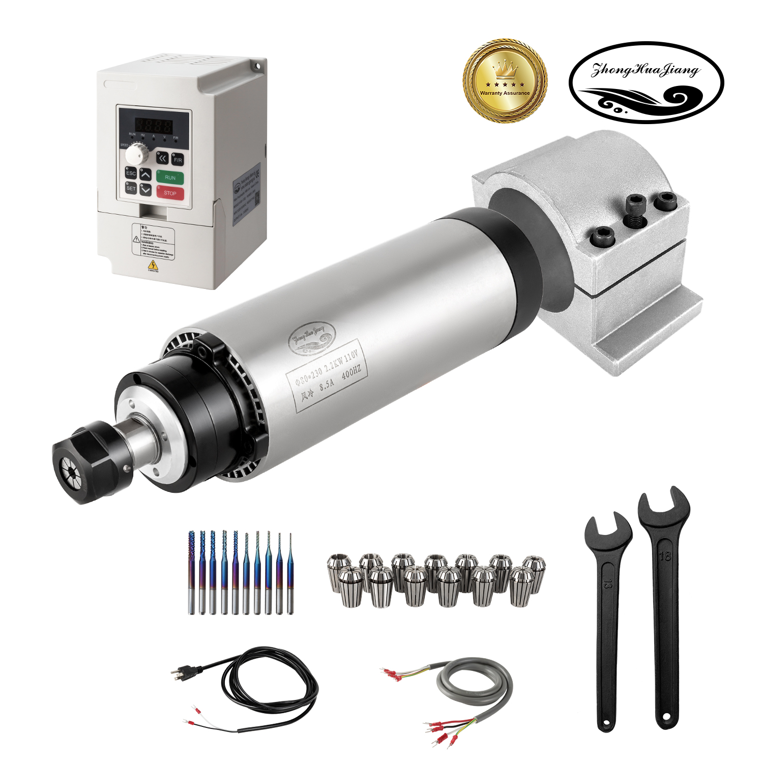 CNC Spindle Motor Kits, 110V 2.2KW Air Cooled Spindle Motor+110V 2.2KW VFD+Φ80mm Clamp Mount + ER20 Collet kit+ Drill bits+ wire+ wrenches for CNC Router machine