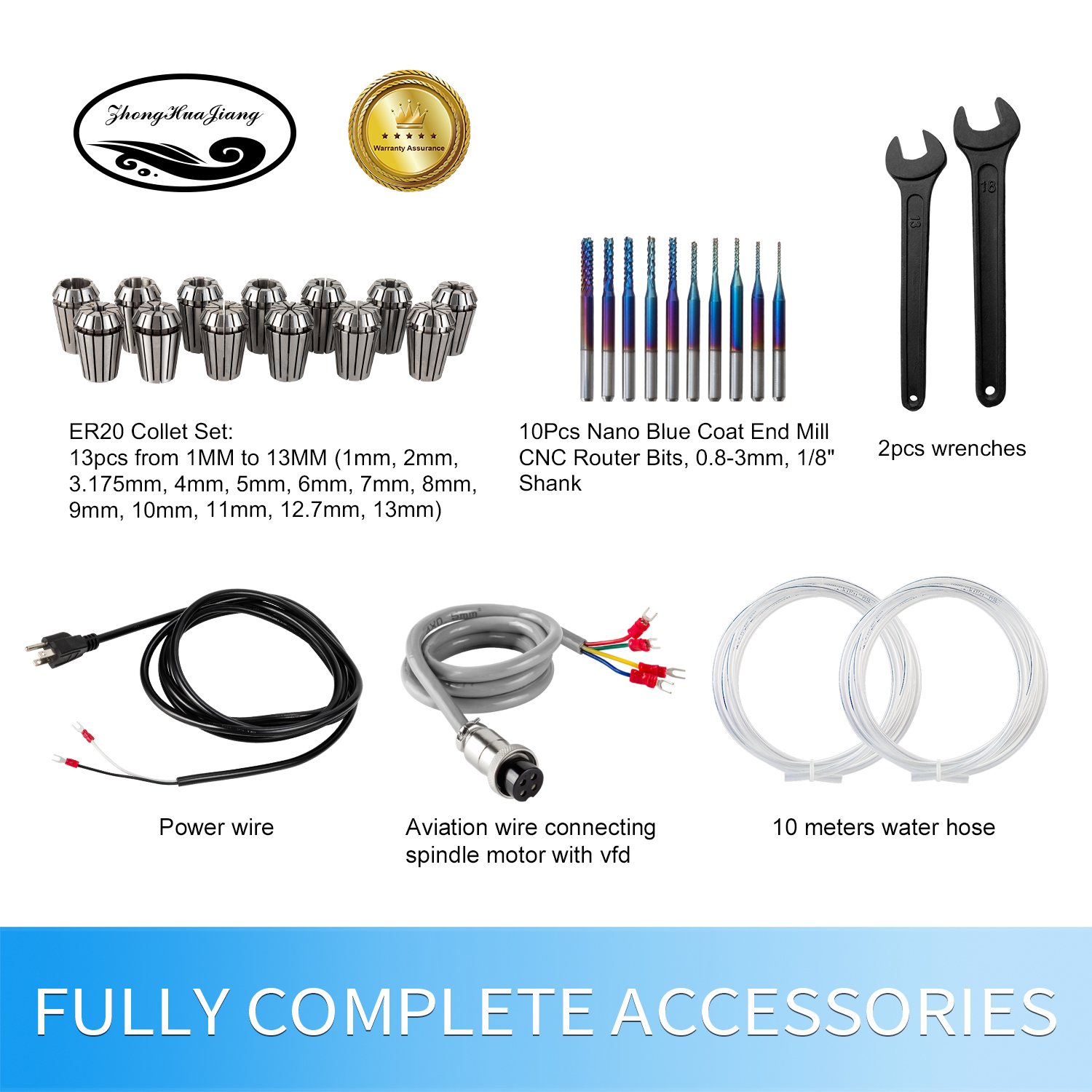 CNC Spindle Motor Kits, 110V 2.2KW Water Cooled Spindle Motor +2.2KW VFD+Φ80mm Clamp Mount +Water Pump+ Water Hose+13PCS ER20 Collet + Drill Bits+ Wire +wrenches for CNC Router Machine
